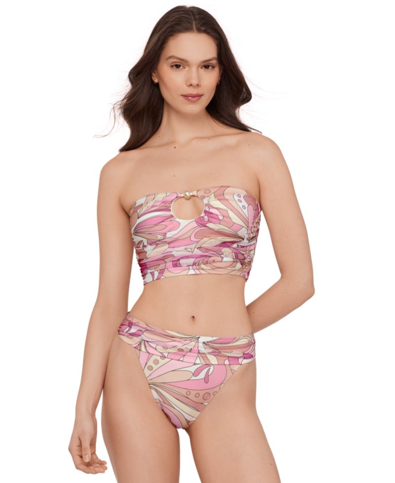 Women's Gold-Tone Bead Keyhole Tube Bikini Top and High-Leg Ruched Band Swim Bottoms