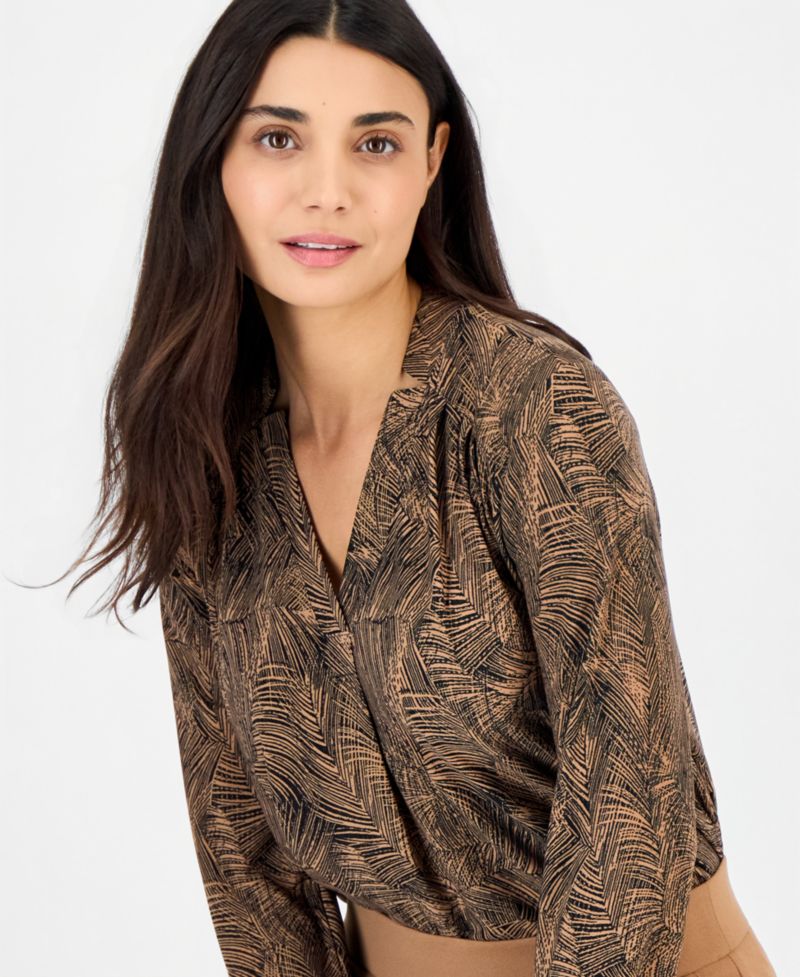 Petite Long-Sleeve Split-Neck Yoke Blouse