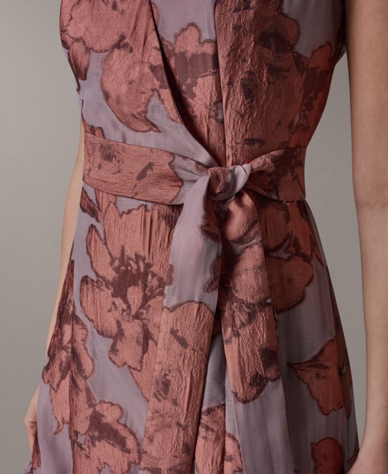 Women's Sleeveless Jacquard Faux Wrap V-Neck Floral Midi A-Line Dress