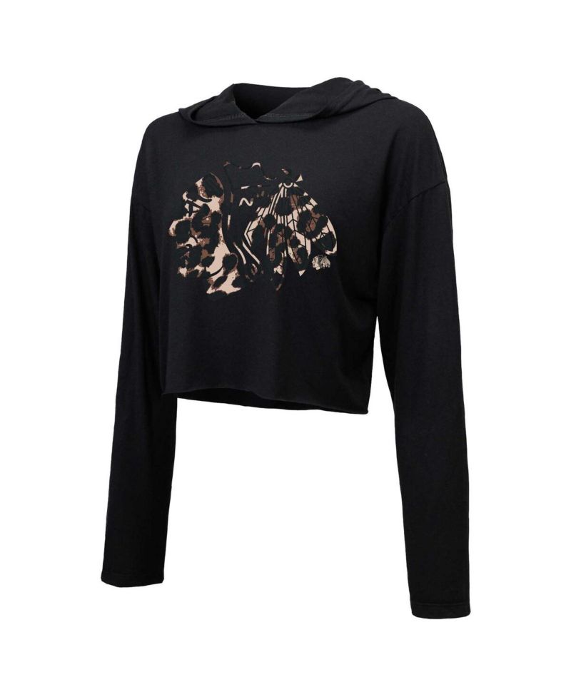 Women's Threads Connor Bedard Black Chicago Blackhawks Leopard Print Name and Number Cropped Pullover Hoodie