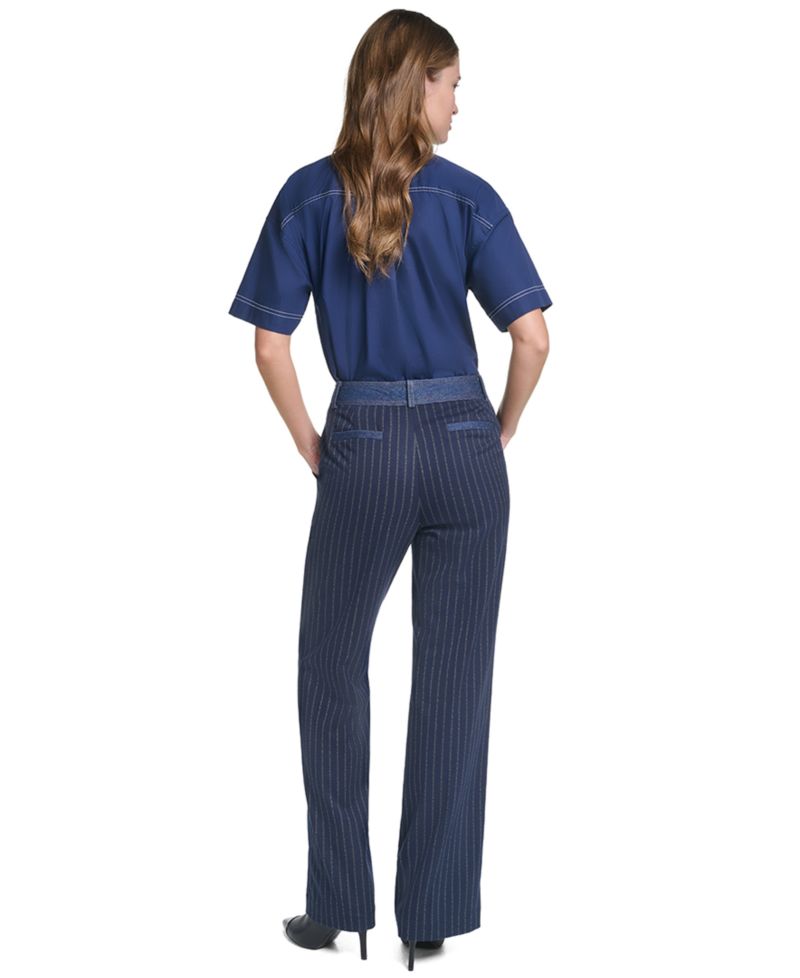 Petite Striped Straight-Leg Denim Waistband Pants