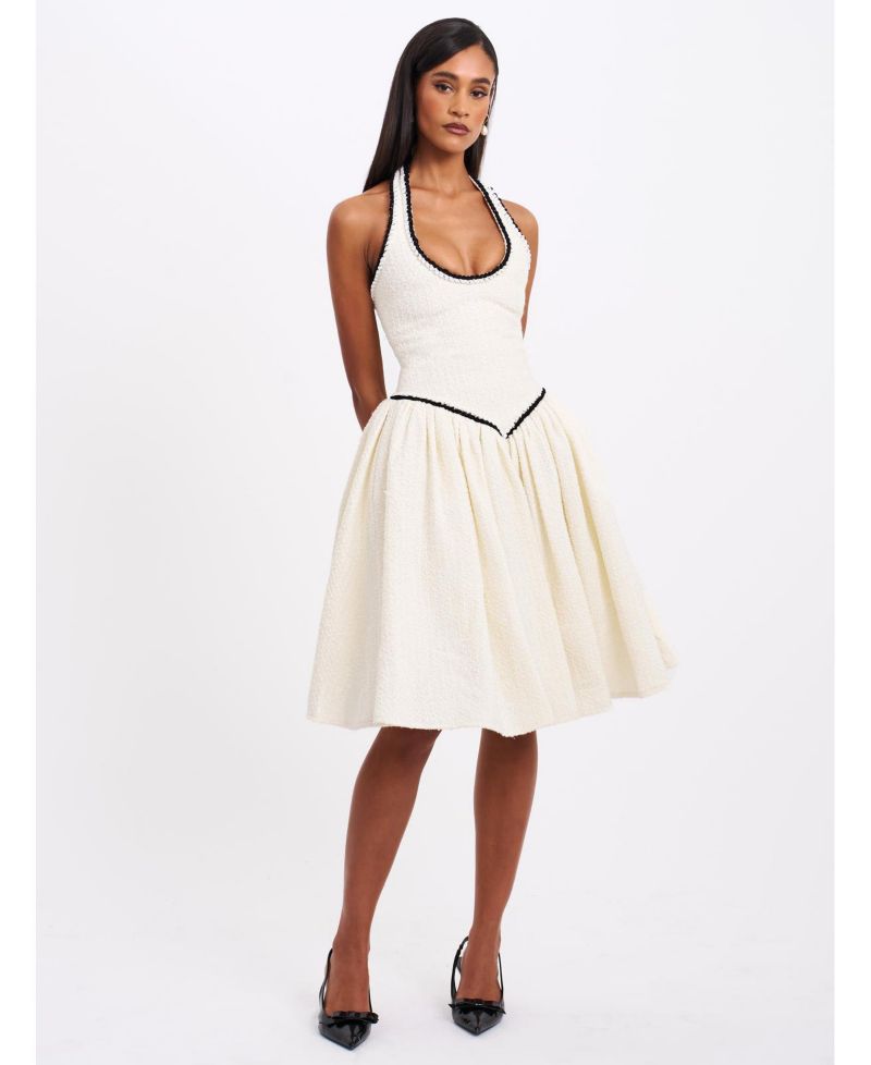 Women's Natalie U Neck Halter Drop Waist Tweed Midi Dress