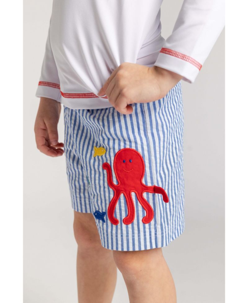 Little Boys Seersucker Swim Trunk With Octopus