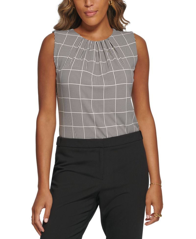 Printed Pleat-Neck Blouse