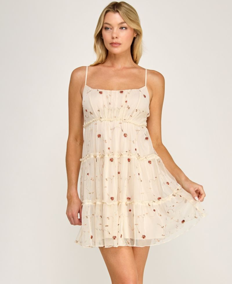 Juniors' Embroidered Sleeveless Mesh Dress