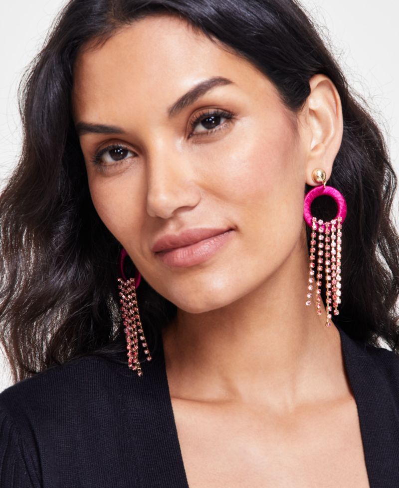Gold-Tone Ribbon-Wrapped Circle & Color Crystal Fringe Statement Earrings