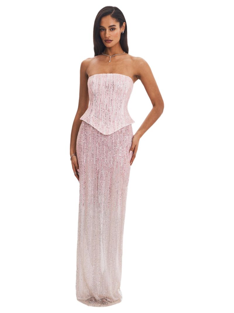 Women's Tosca Pink-to-White Beaded Gradient Strapless Maxi Dress