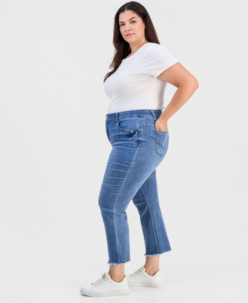 Plus Size High-Waisted Straight-Leg Frayed-Hem Jeans