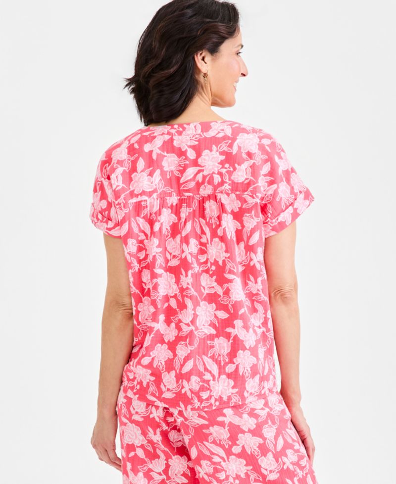 Petite Cotton Gauze V-Neck Short-Sleeve Top