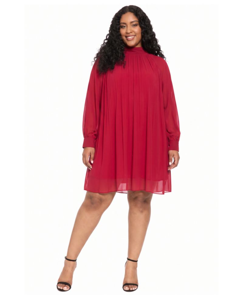 Plus Pleated Shift Long-Sleeve Mock-Neck Dress