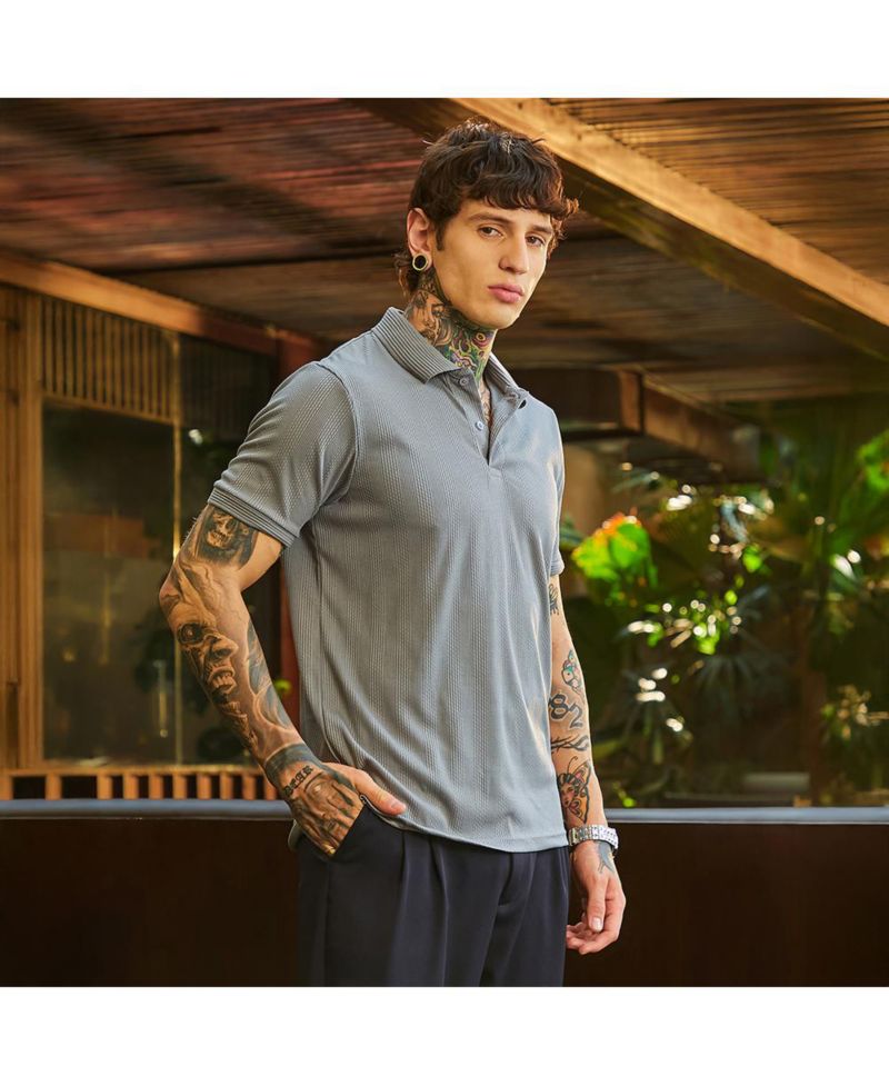 Men's Coin Grey Ribbed -Tactile Polo T-Shirt