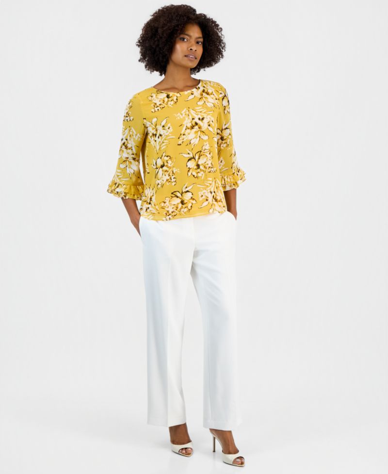 Women's 3/4 Ruffled-Sleeve Printed Top, Regular & Petite