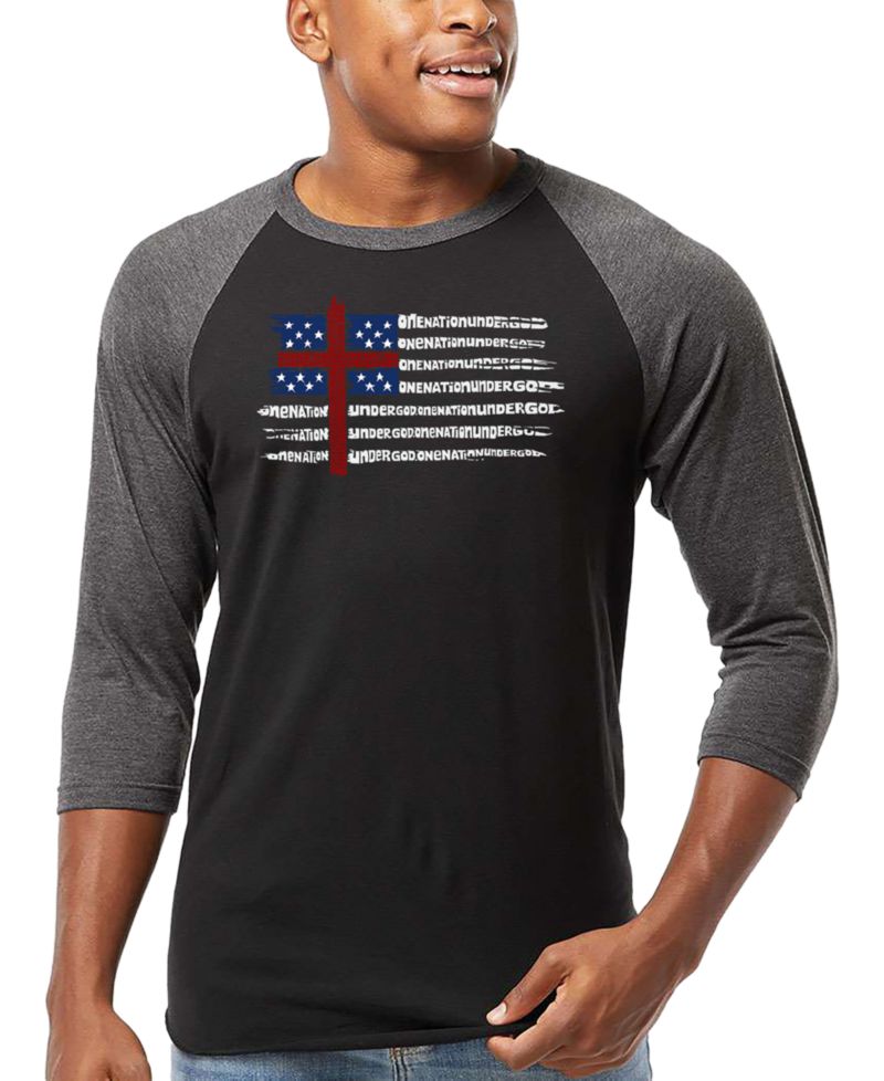 Men's One Nation Under God American Flag Cross Raglan Baseball Word Art T-Shirt
