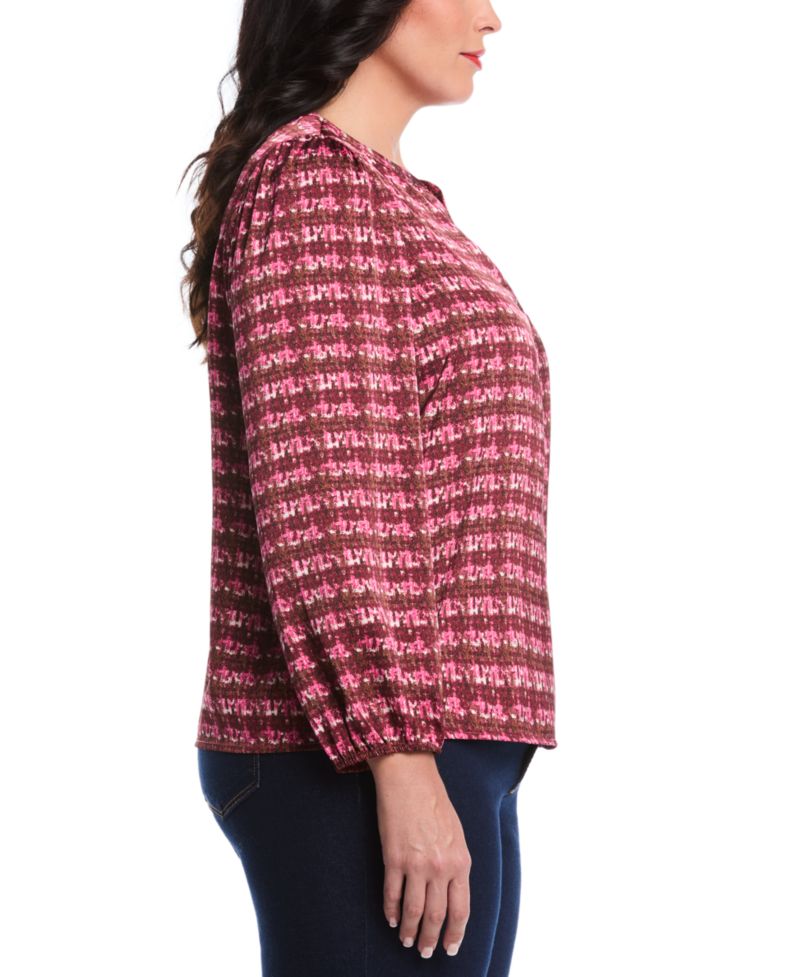 Plus Size Crosshatch Print Split Neck Long Sleeve Popover Top