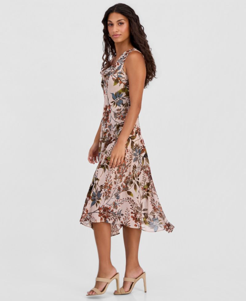 Petite Printed Chiffon Drape-Neck Midi Dress
