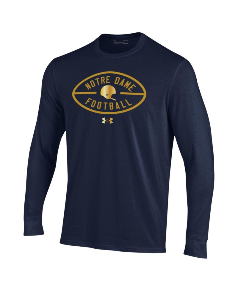 Men's Navy Notre Dame Fighting Irish 2026 Shamrock Series Metallic Football Icon Performance Cotton Long Sleeve T-Shirt