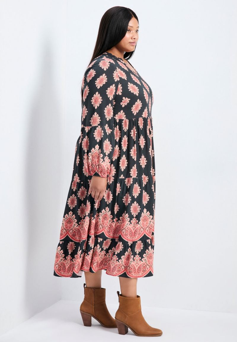 Women's Plus Size Everlasting Bordered Print Blouson Sleeve Dress