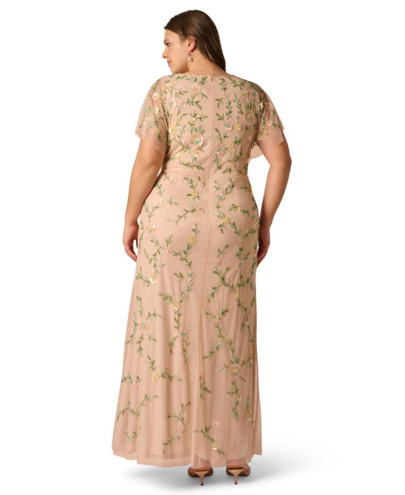 Petite V-Neck Beaded Mesh Gown