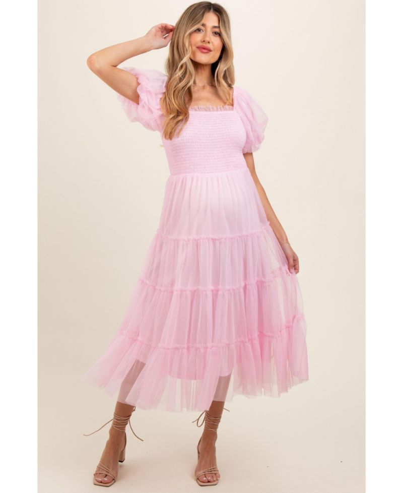 Women's Light Pink Smocked Tiered Tulle Midi Dress