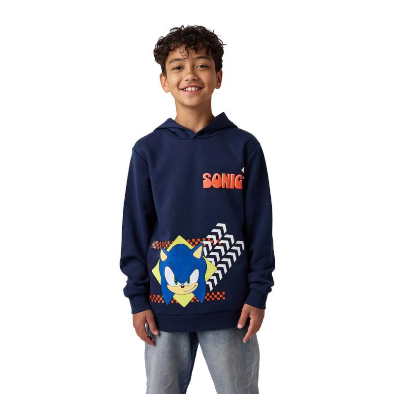 Little Boys Sonic Arrows and Checkered Flags Youth Navy Long Sleeve Hooded Sweatshirt-4