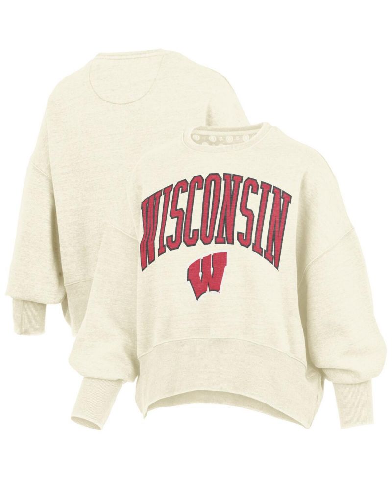 Women's Natural Wisconsin Badgers Oversized Waist-Length Crewneck Sweatshirt