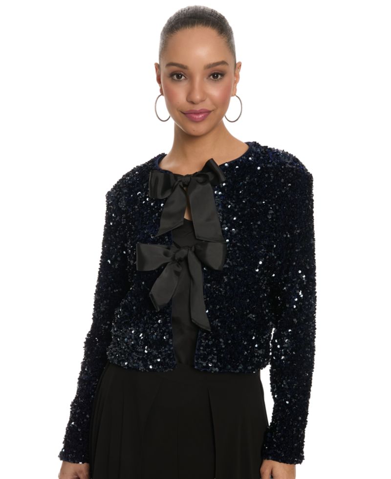 Women's Kennedy Sequin Double Satin Bow Long-Sleeve Cardigan
