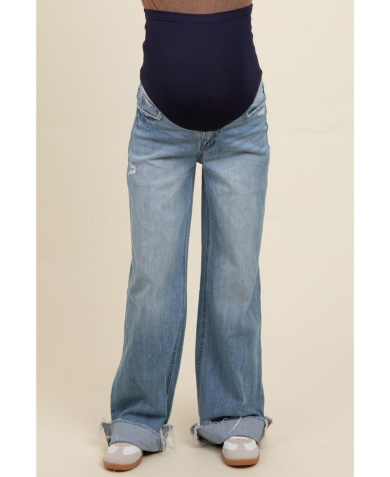 Women's Light Blue Cuffed Baggy Wide Leg Jeans