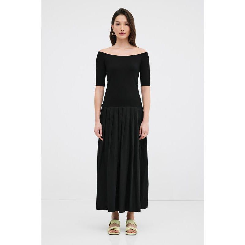 Women's Mila Off-Shoulder Dropped-Waist Pleated Cotton Dress with Pockets