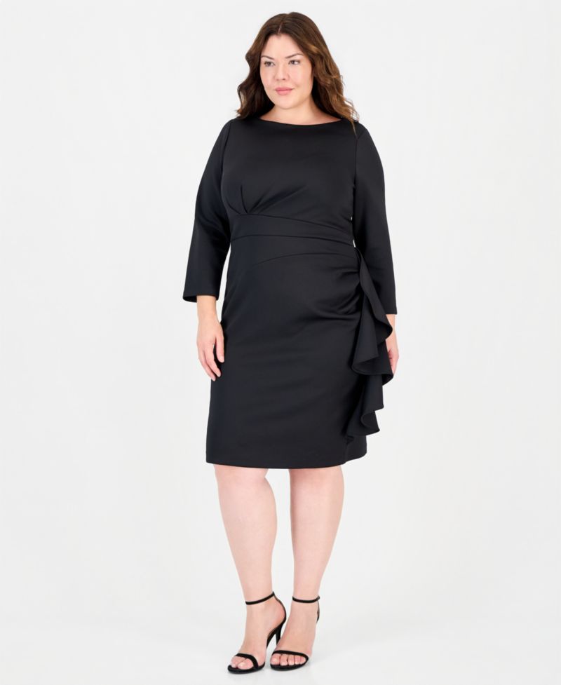 Petite Boat Neck Draped Cascading-Ruffle Sheath Dress