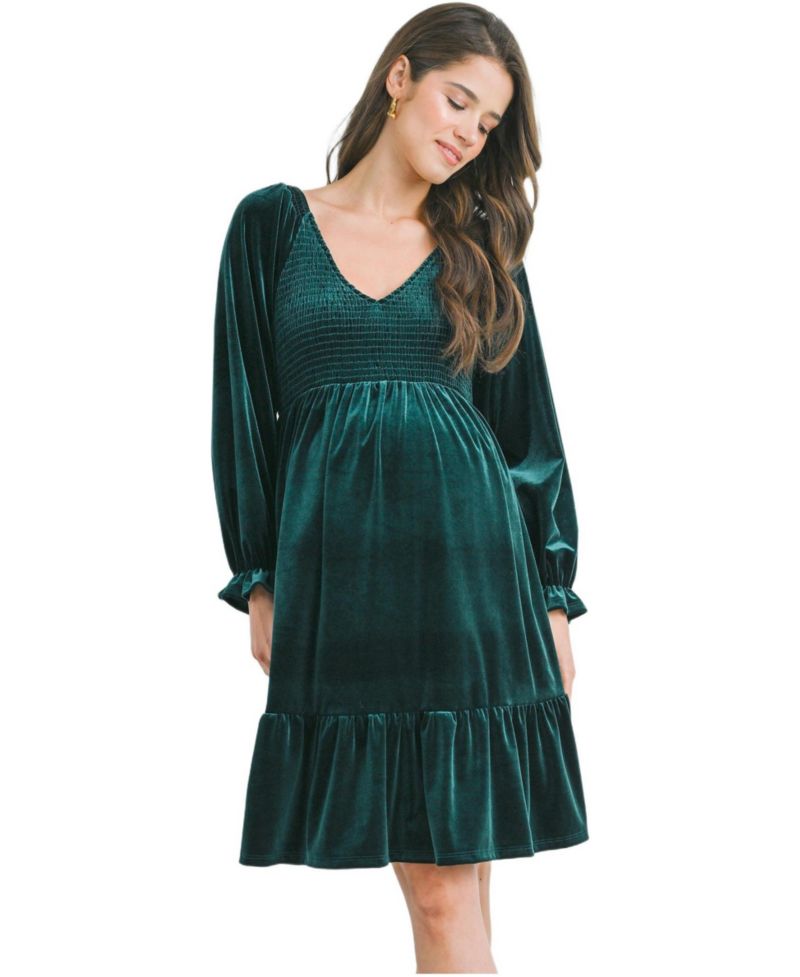 Women's Smocked V Neck Long Sleeve Velvet Dress