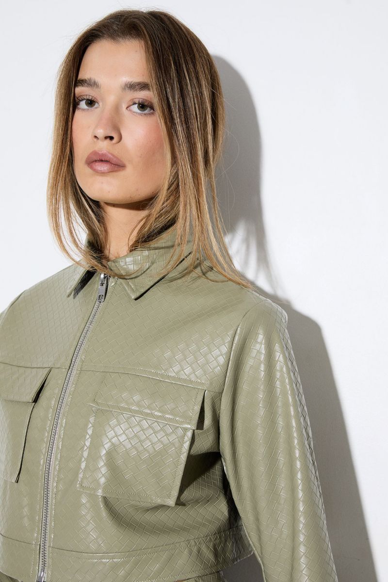 Women's Woven Detail Faux Leather Jacket
