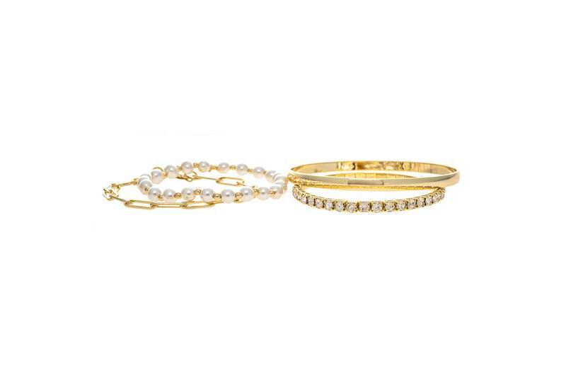 Mixed Gold, Pearl + Cubic Zirconia 4 Bracelet Set