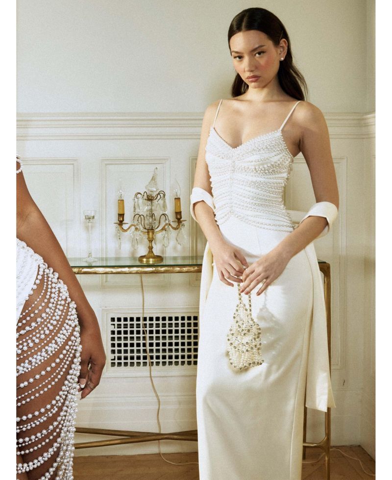 Women's Karmen Pearl Top Pencil Slip Gown with Scarf