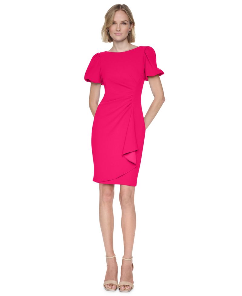 Women's Bubble Sleeve Ruched Jewel Neck Sheath Dress