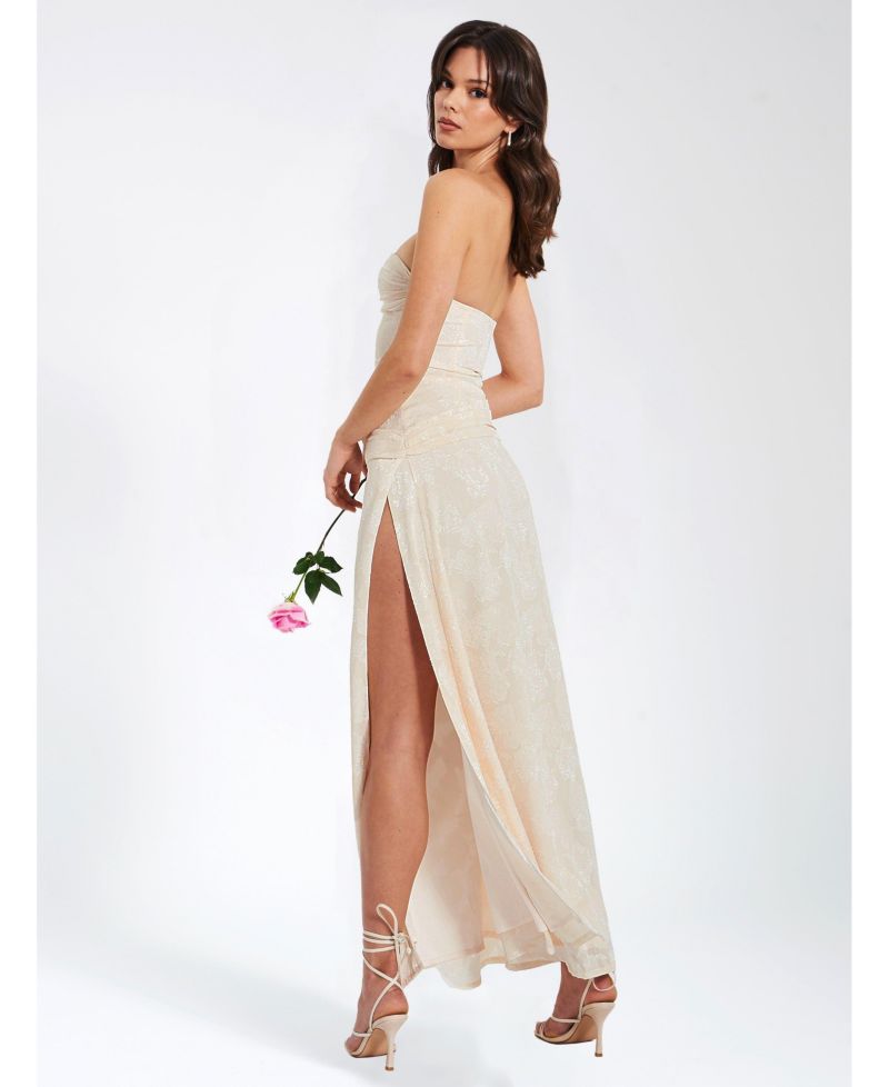 Women's Xatia Off White Jacquard Textured High Slit Maxi Dress