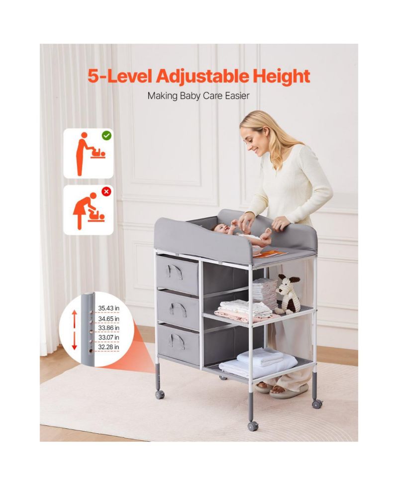 Portable Baby Changing Table with 3 Drawers and Wheels, Diaper Change Station
