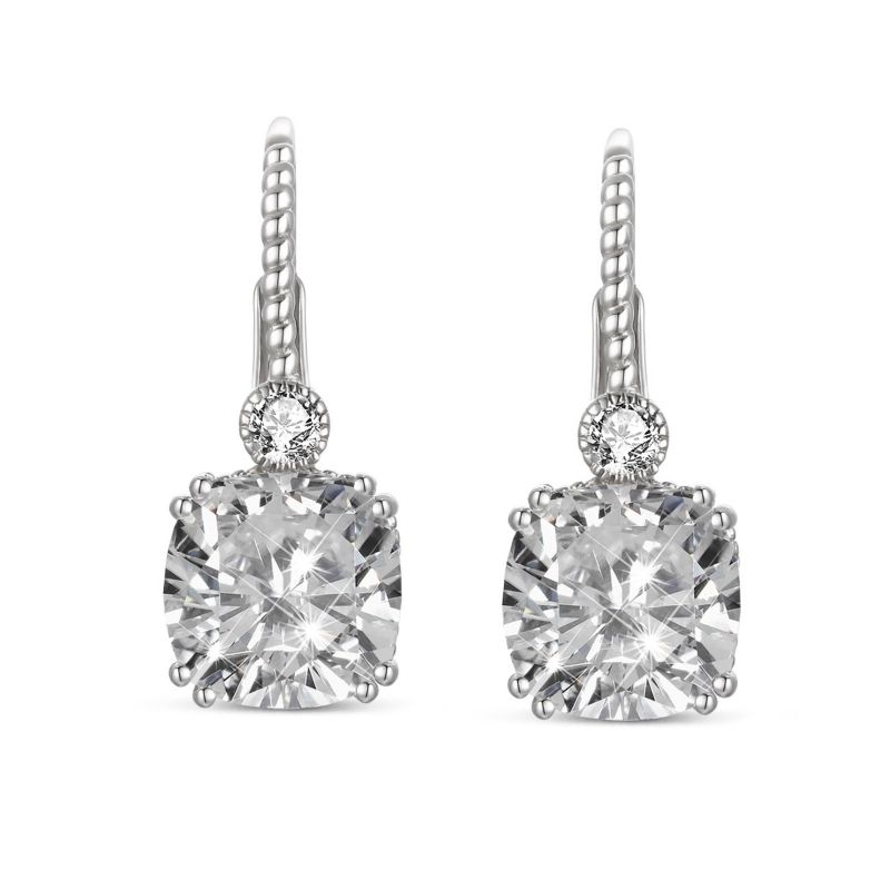 Beautiful White Gold Plated Cushion-Cut CZ leverback Earrings