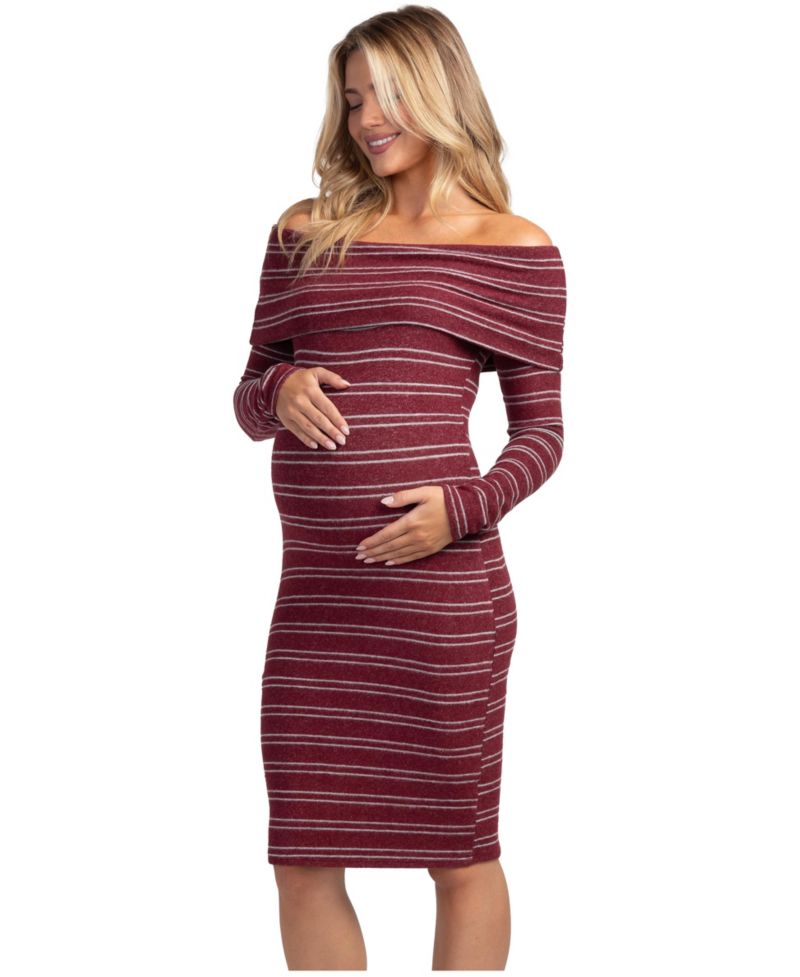 Maternity Off-the-Shoulder Bodycon Striped Sweater Dress