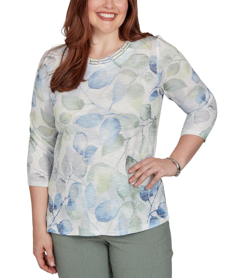 Petite Provence Watercolor Leaf Print 3/4 Sleeve Top