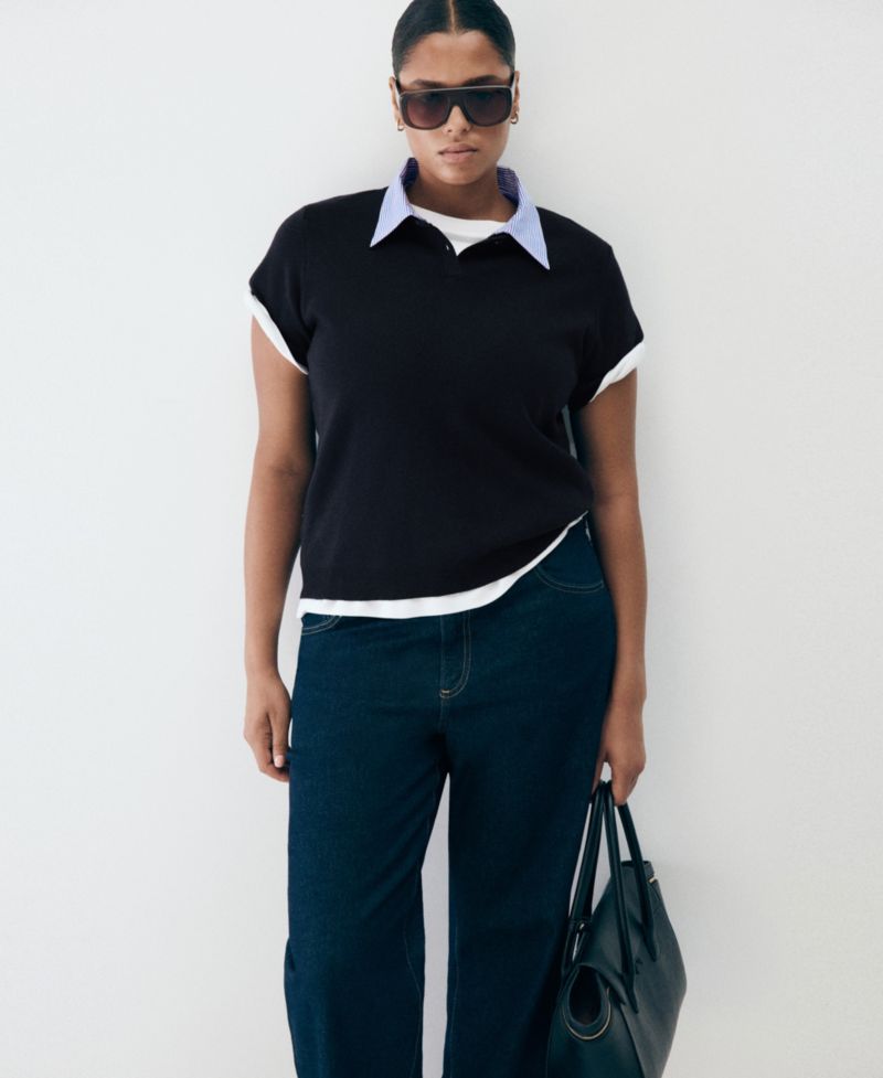 Women's Short-Sleeve Striped Polo Neck Sweater