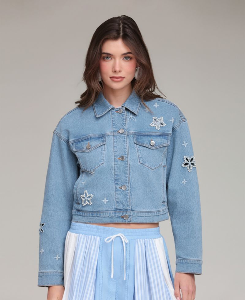 Women's Embroidered Detail Collared Denim Jacket