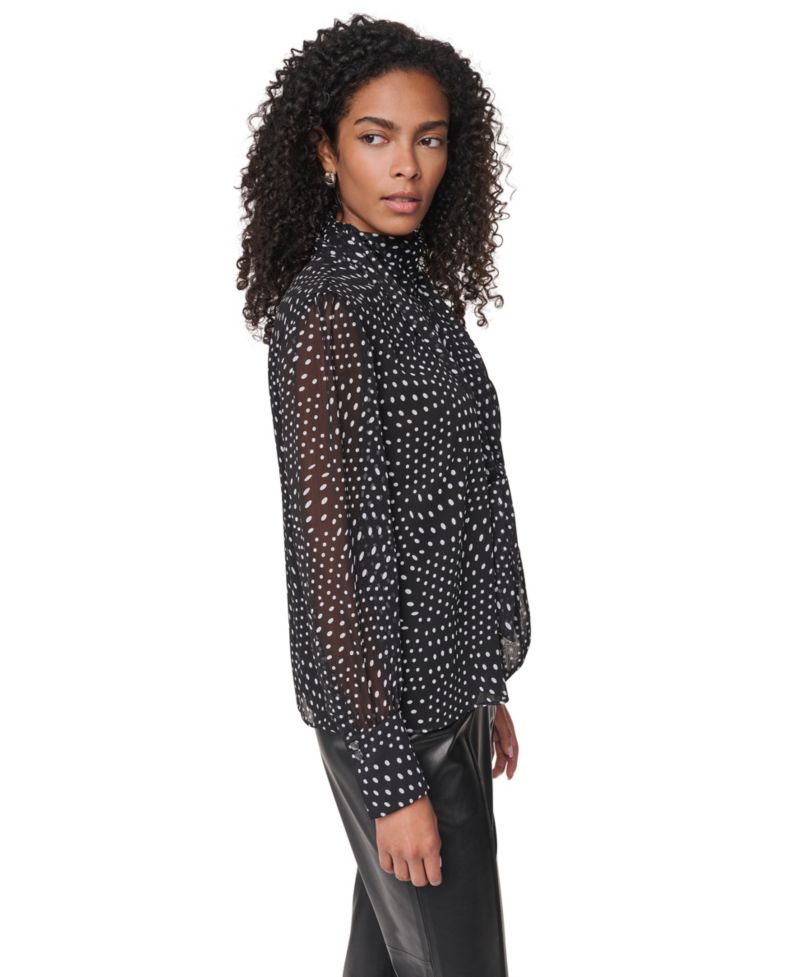 Women's Mock Neck Long Sleeve Polka Dots Blouse