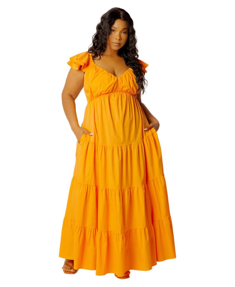 Plus Size Flutter-Sleeve Tiered Maxi Dress
