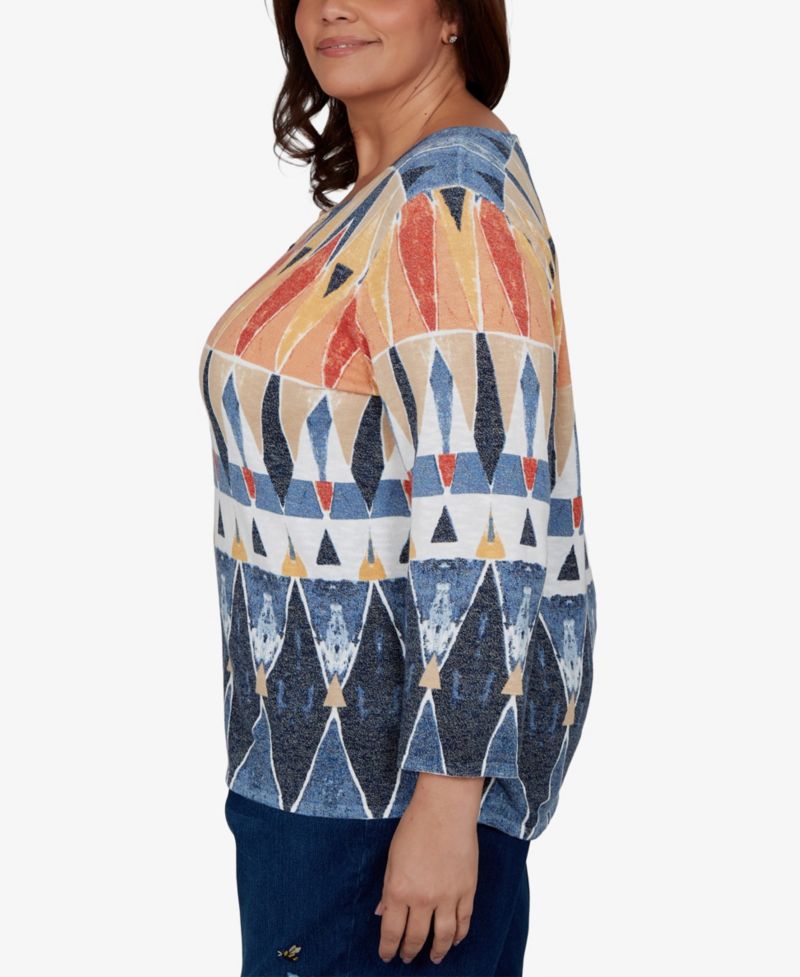 Plus Size 3/4-Sleeve Geometric-Print Keyhole Pullover Sweater