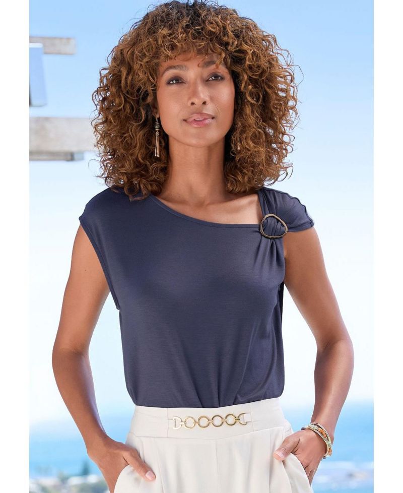 Women's Viscose Asymmetrical Ring Detail Short-Sleeve Top