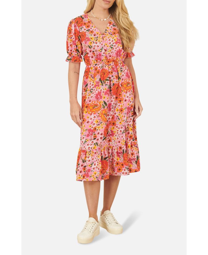 Women's Short Sleeve V-Neck Printed Midi Dress