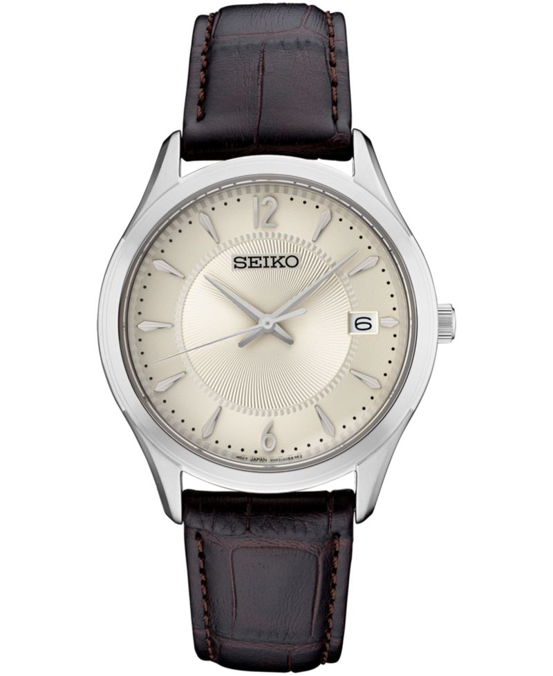 Men's Essential Brown Leather Strap Watch 39.4mm