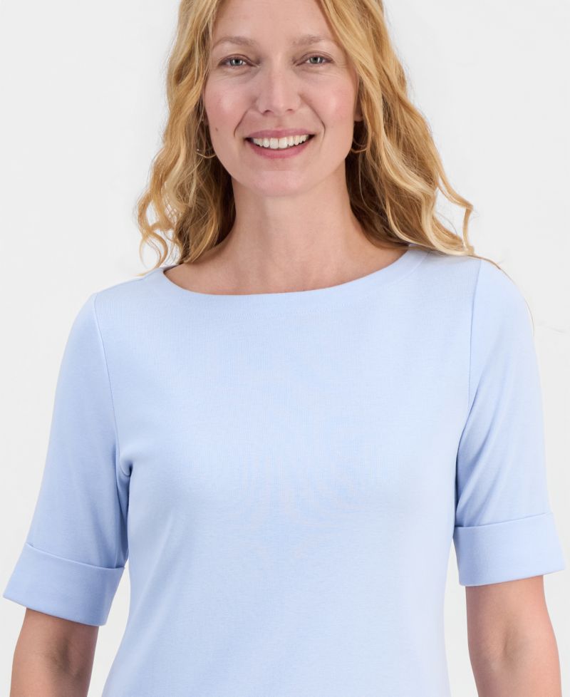 Petite Cotton Elbow-Sleeve Boat-Neck Top