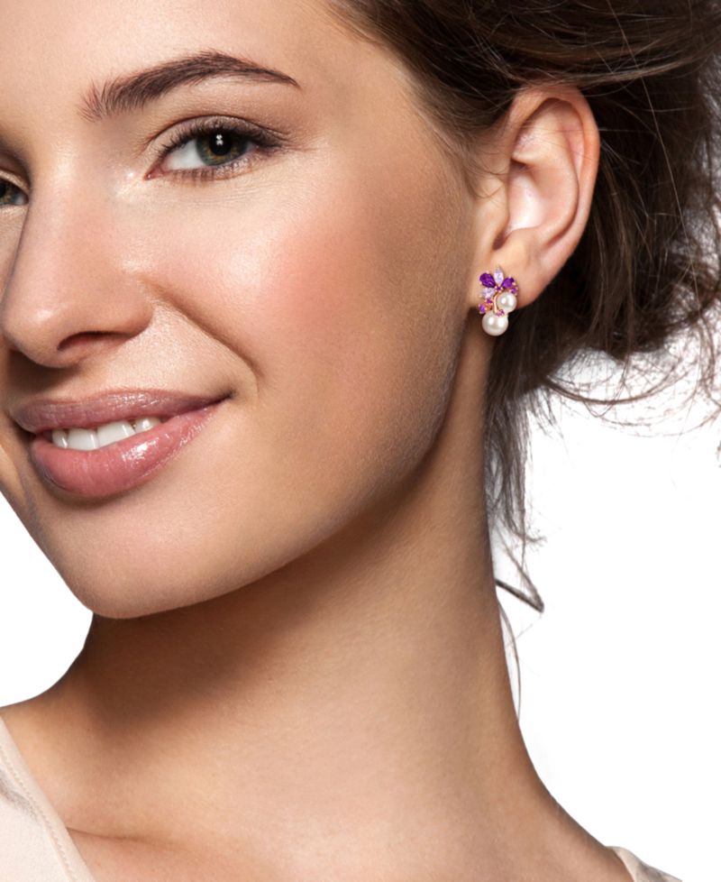 Colored Cultured Freshwater Pearl (6 & 8mm) & Multi-Gemstone (2-5/8 ct. t.w.) Cluster Earrings in 18k Rose Gold Flash-Plated Sterling Silver