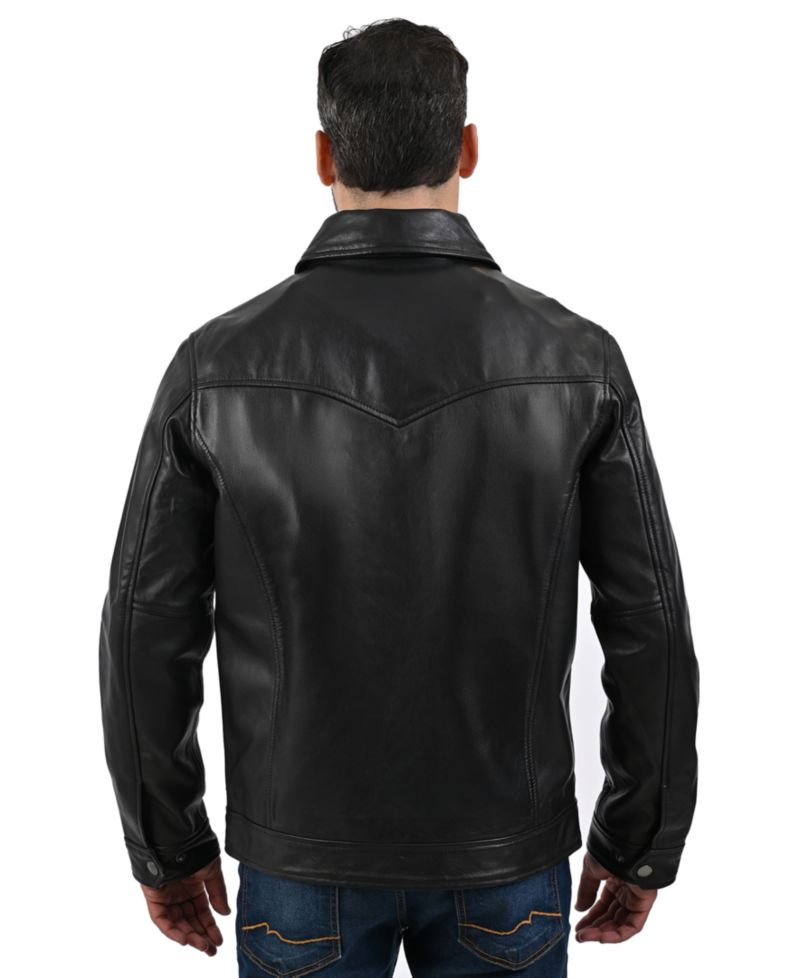 Men's Genuine Leather Regular-Fit Collared Neck Jacket